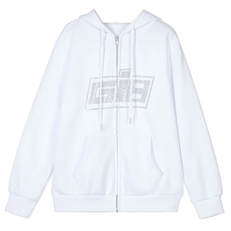 Y2K Zip Rhinestone Women Hoodie 2025 Oversized Hoodies E-girl Goth Punk Jacket Long Sleeve White Sweatshirts Trend Streetwear