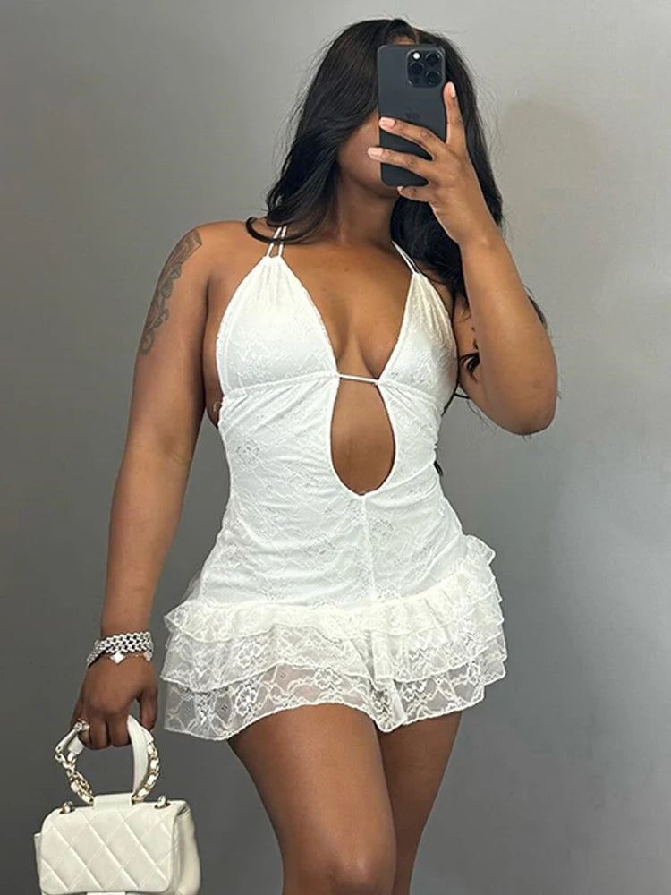 Weird Puss Halter Tierred Cake Dress Low-Neck Sexy Backless Midnight Party Coquette Summer Trend Stretch Vacation Rave Bodycon