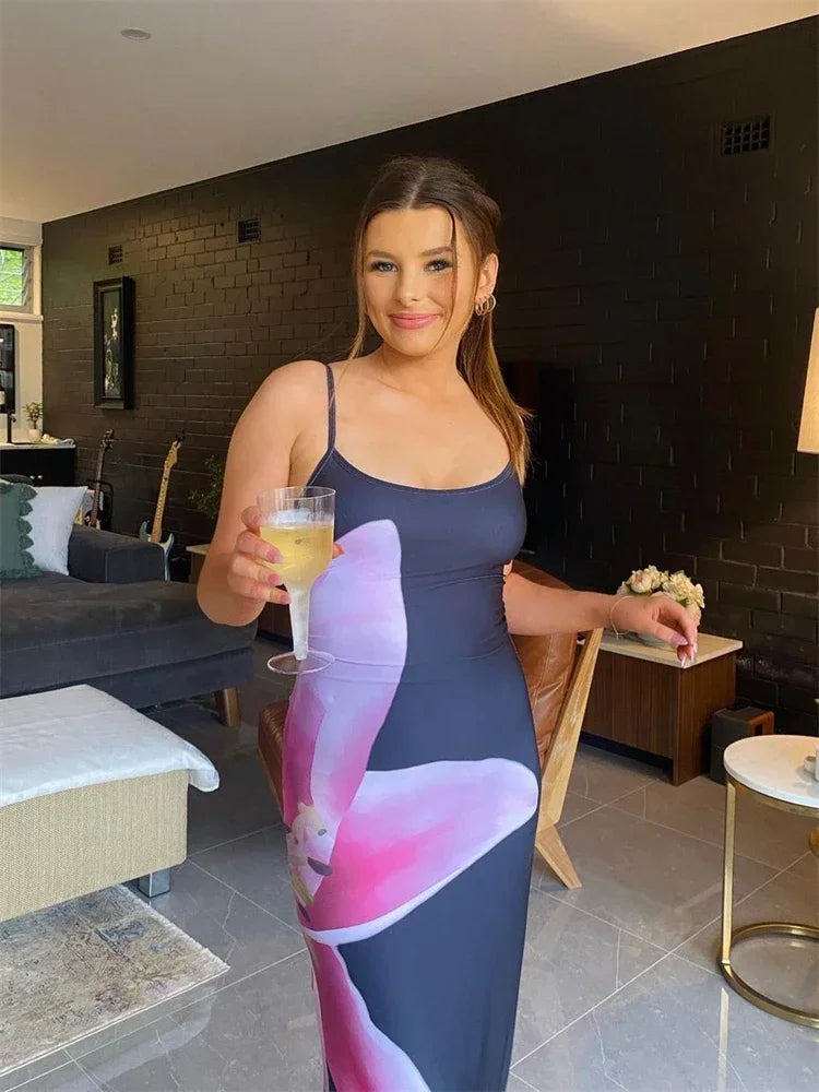 Elegant Printed Backless Long Dress Summer Women's Fashion Contrast Color Party Dress Patchwork Suspender Long Dress 2024 New