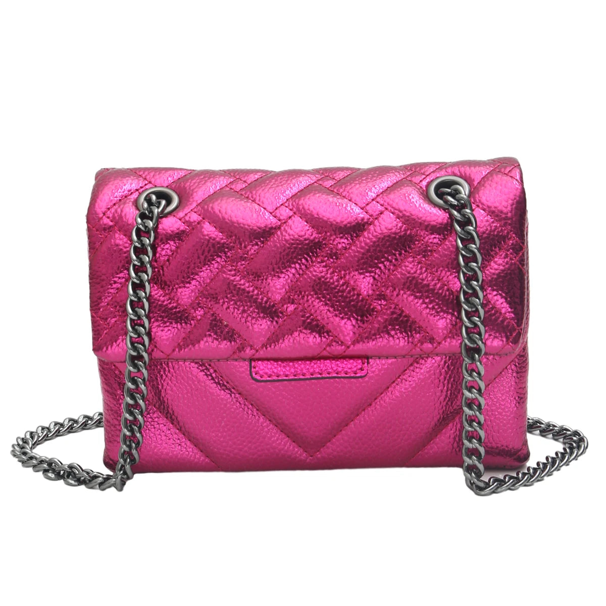 CR Fashion Metallic PU Vegan Leather Handbag For Women Luxury Quilted Flap Messenger Shoulder Bag Long Chain Purse Daily  Travel
