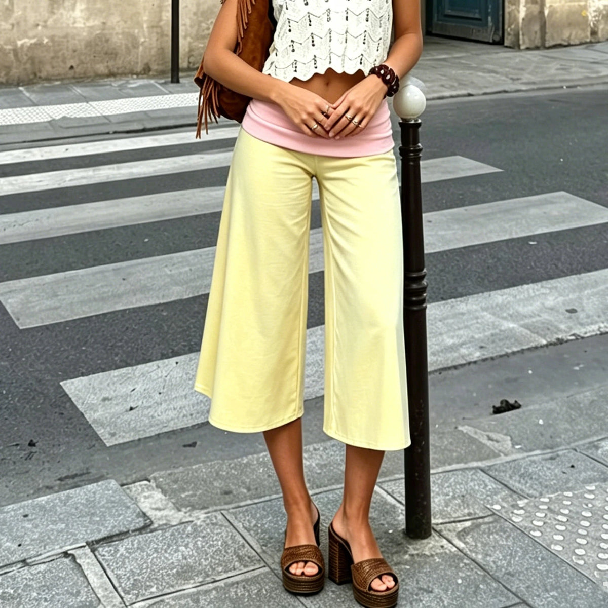 Capri Pants for Women Low Rise Fold Over Capri Yoga Pant Soft Comfy Flowy Wide Leg Capris Culottes Bottoms