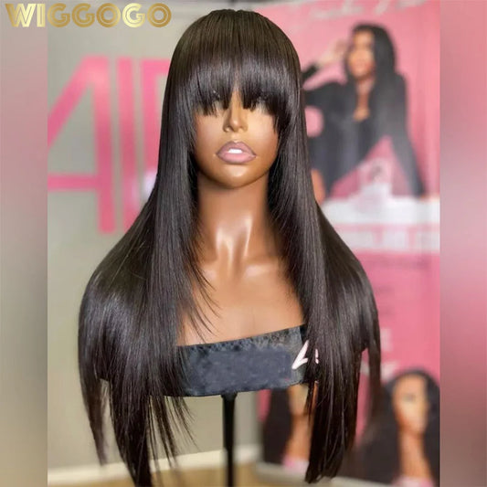 Wiggogo 3X1 Middle Part Lace Wig Bone Straight Human Hair Wig With Bangs Full Machine Made Straight Human Hair Wigs For Women
