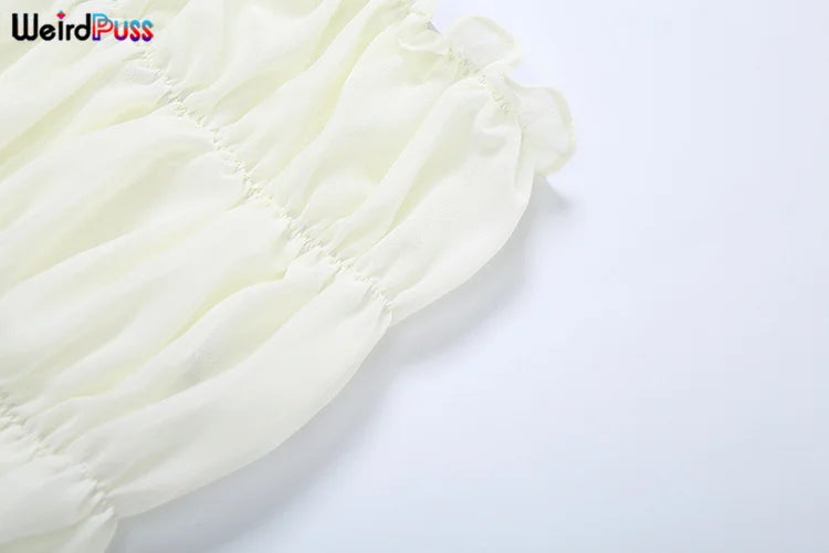 Weird Puss Ruffles 2 Piece Set Women Summer Vacation Beach Style Thin Camisole+Ruched Sexy Peach Hip Skirts Matching Clubwear