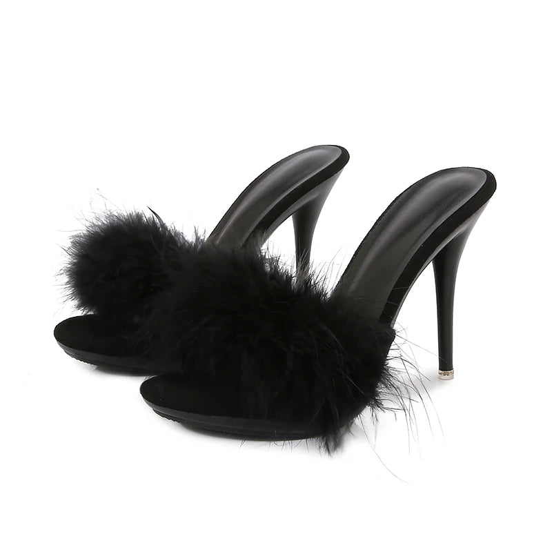 10CM Thin High Heel Designer Plus Size Summer Slippers For Ladies 2025 New Furry Slip-on Women's Shoes Pink Fur Slides Sandals