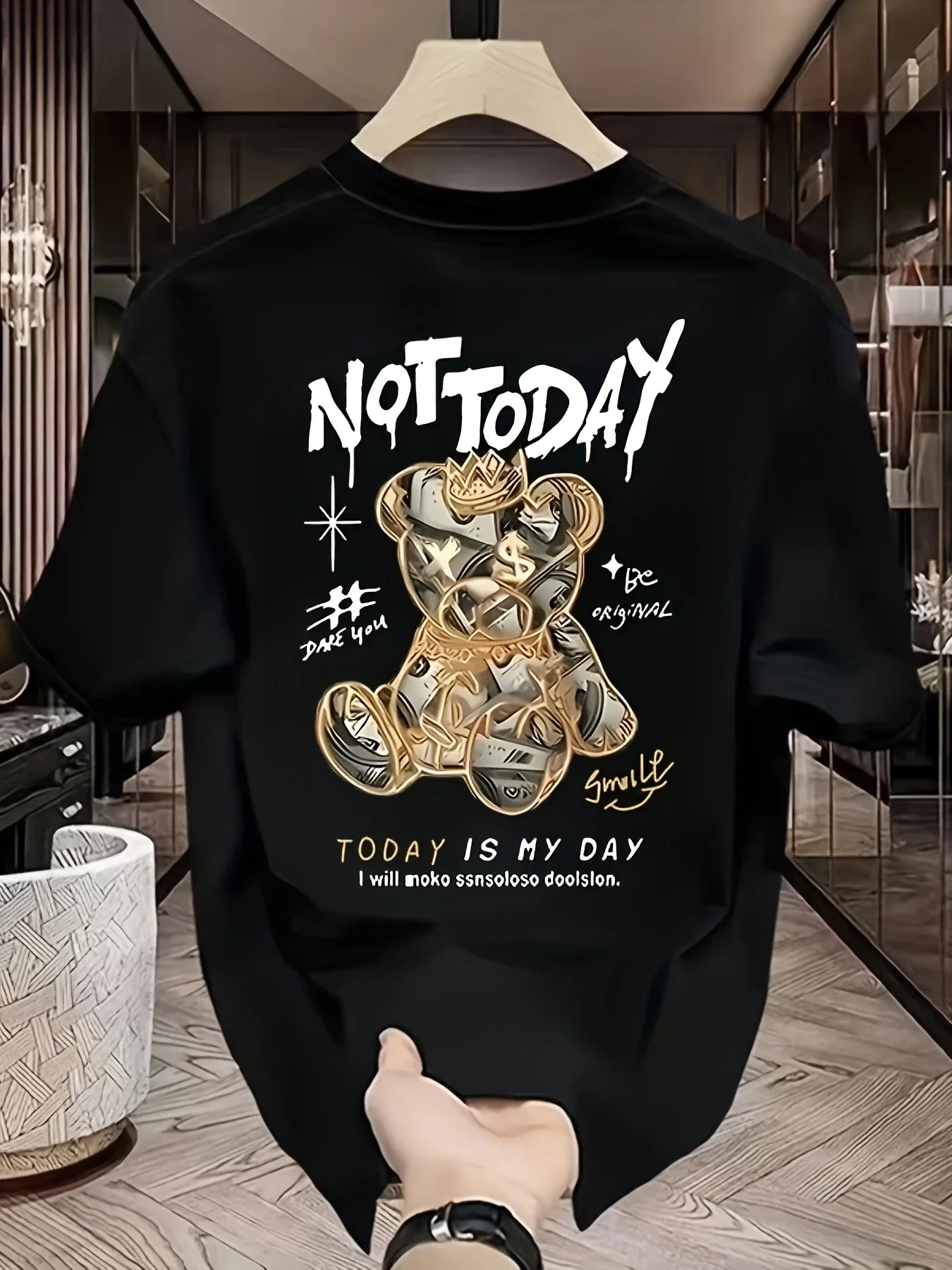 Men's summer 100% pure cotton fashionable casual loose cartoon bear pattern printed short-sleeved T-shirt top