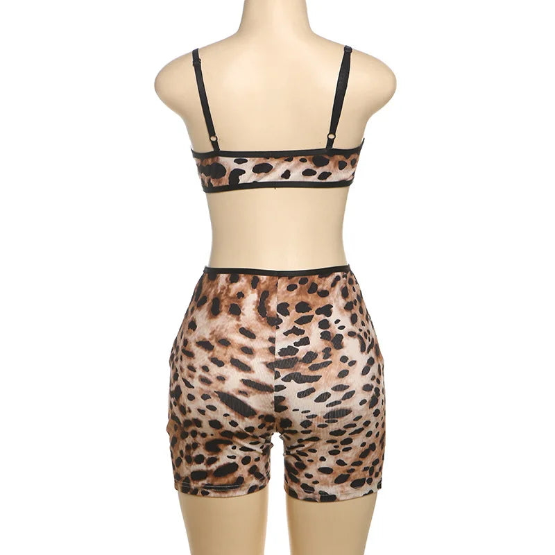 STYLISH LADY Leopard Printed Sports 2 Piece Set Women Strap Crop Bra and Shorts Suits 2025 Summer Sexy Club Street Outfits