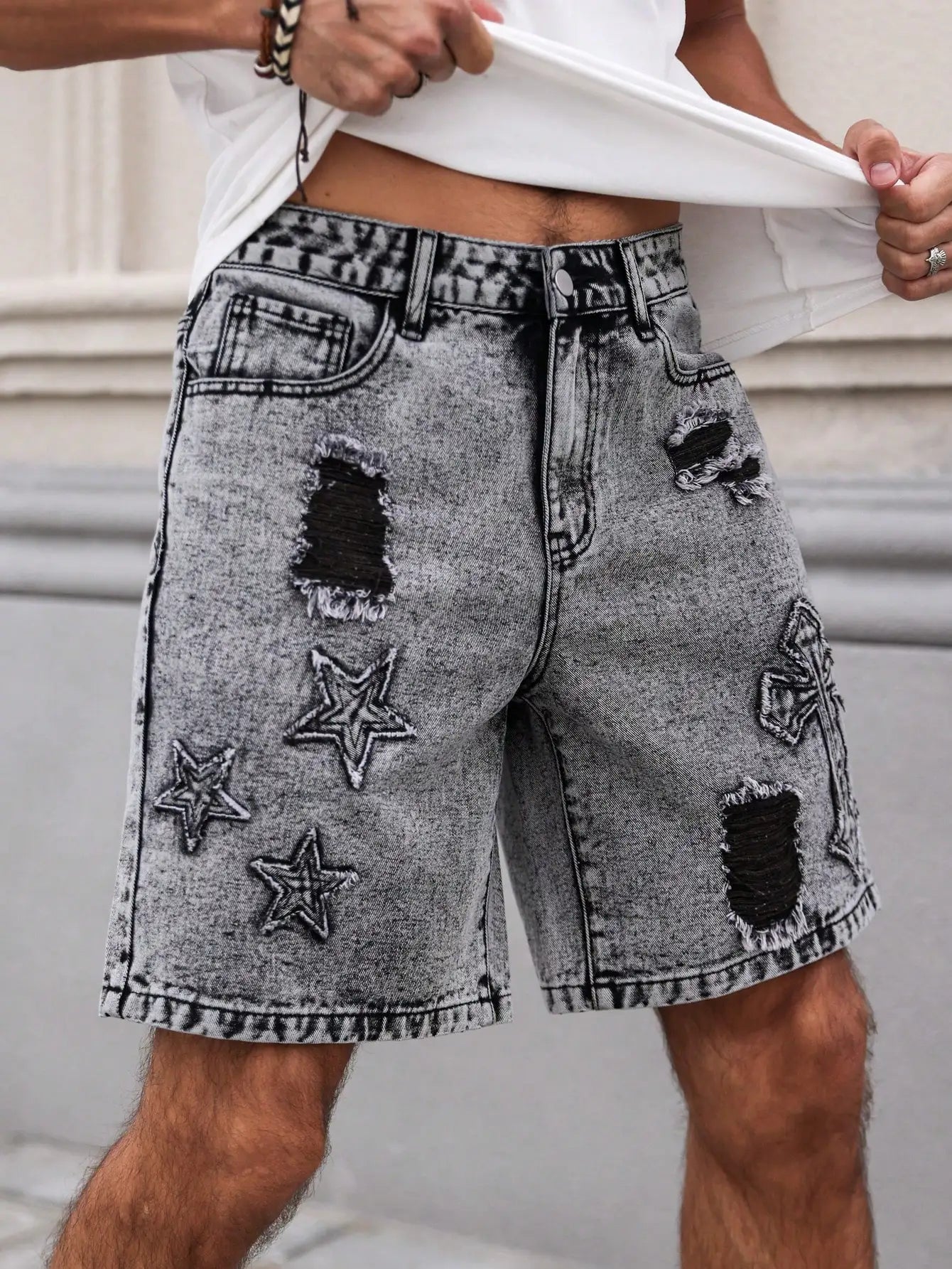 Summer Denim Shorts. Straight-leg fit. Ripped design. Dark gray denim embroidered shorts, men's jeans