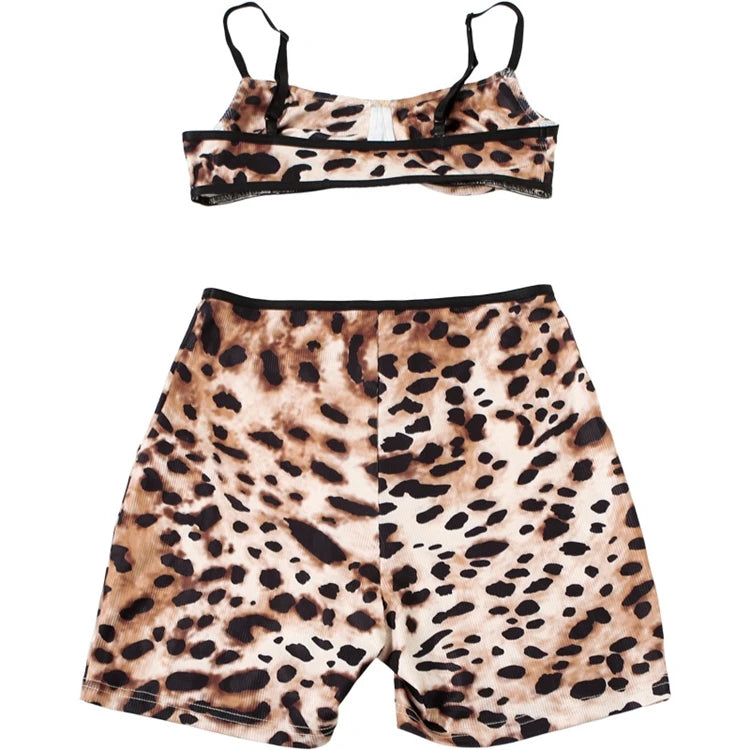 STYLISH LADY Leopard Printed Sports 2 Piece Set Women Strap Crop Bra and Shorts Suits 2025 Summer Sexy Club Street Outfits