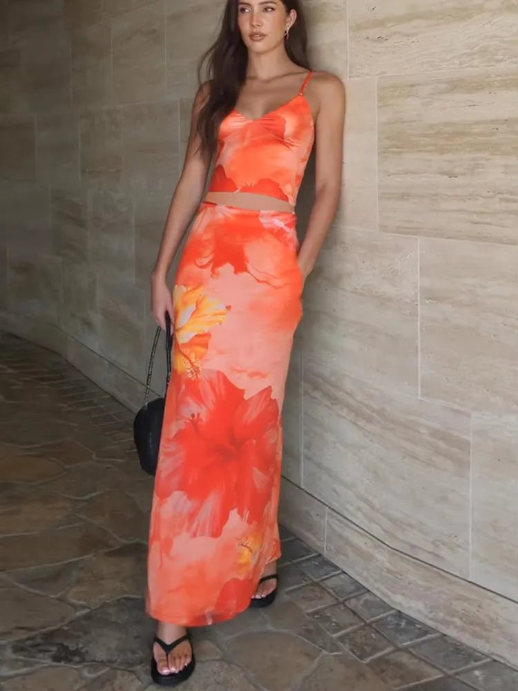 Weird Puss Tie-Dye Print 2 Piece Set Women Summer Y2K Fashion Hipster Elegant V-Neck Camisole+Maxi Skirts Matching Streetwear