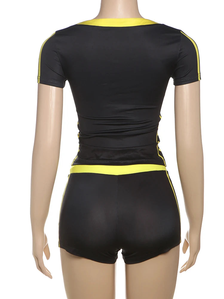 Sisterlinda Casual Summer 2 Piece Set Letter Print Crew Neck Short Sleeve T-shirts+Drawstring Slim Mini Bottoms, lady's Tracksuit