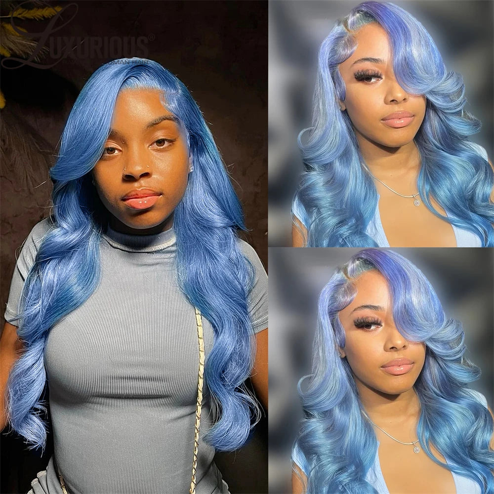 Luxurious 180% Density Ice Blue Virgin Human Hair Wigs 13x4 Body Wave Swiss Transparent Lace Front Wigs With Natural Hairline