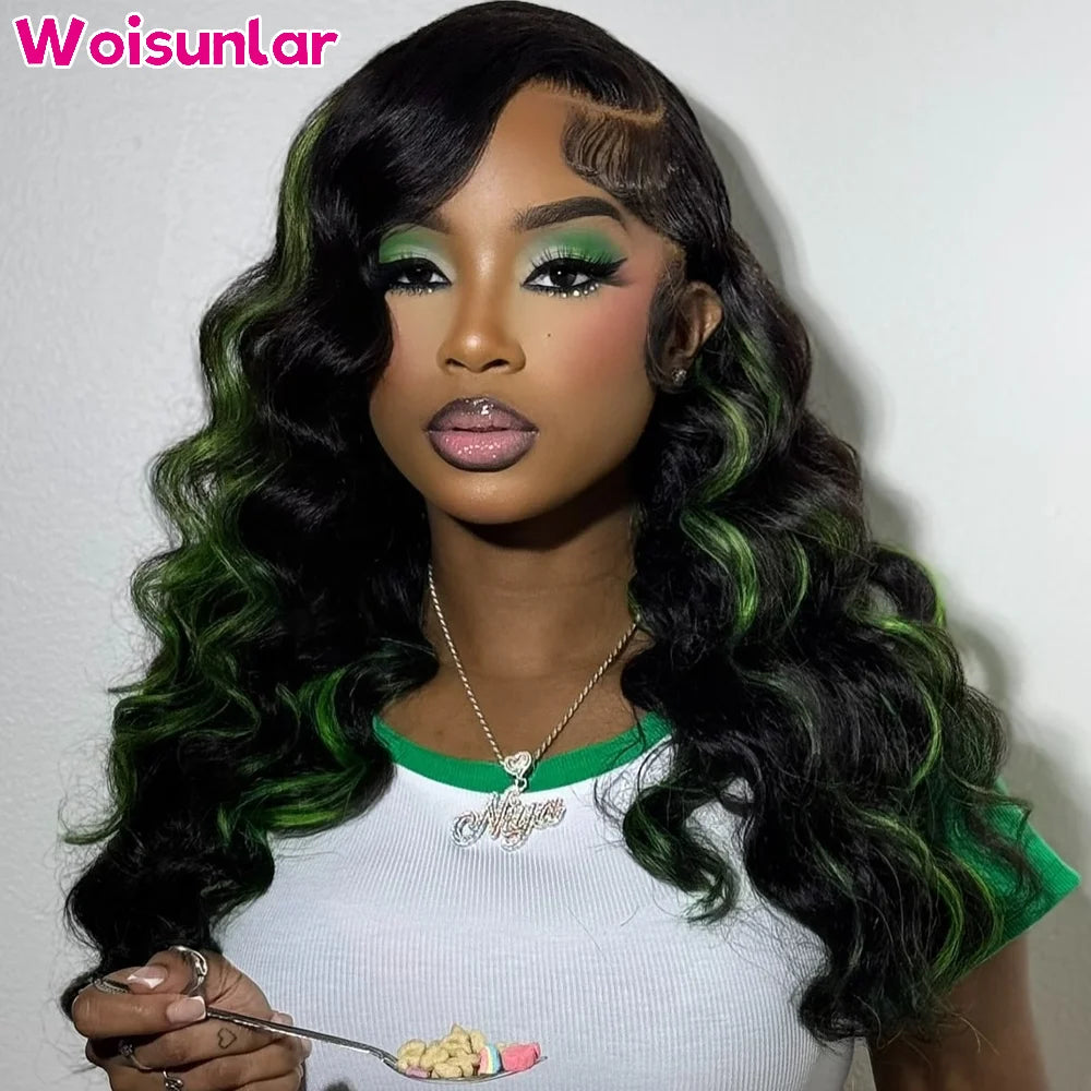 Highlight Green and black lace Front Human Hair Wig Loose deep 200% For women 13x4 Transparent Lace Front Human hair wigs 100%
