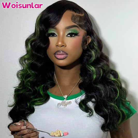 Highlight Green and black lace Front Human Hair Wig Loose deep 200% For women 13x4 Transparent Lace Front Human hair wigs 100%