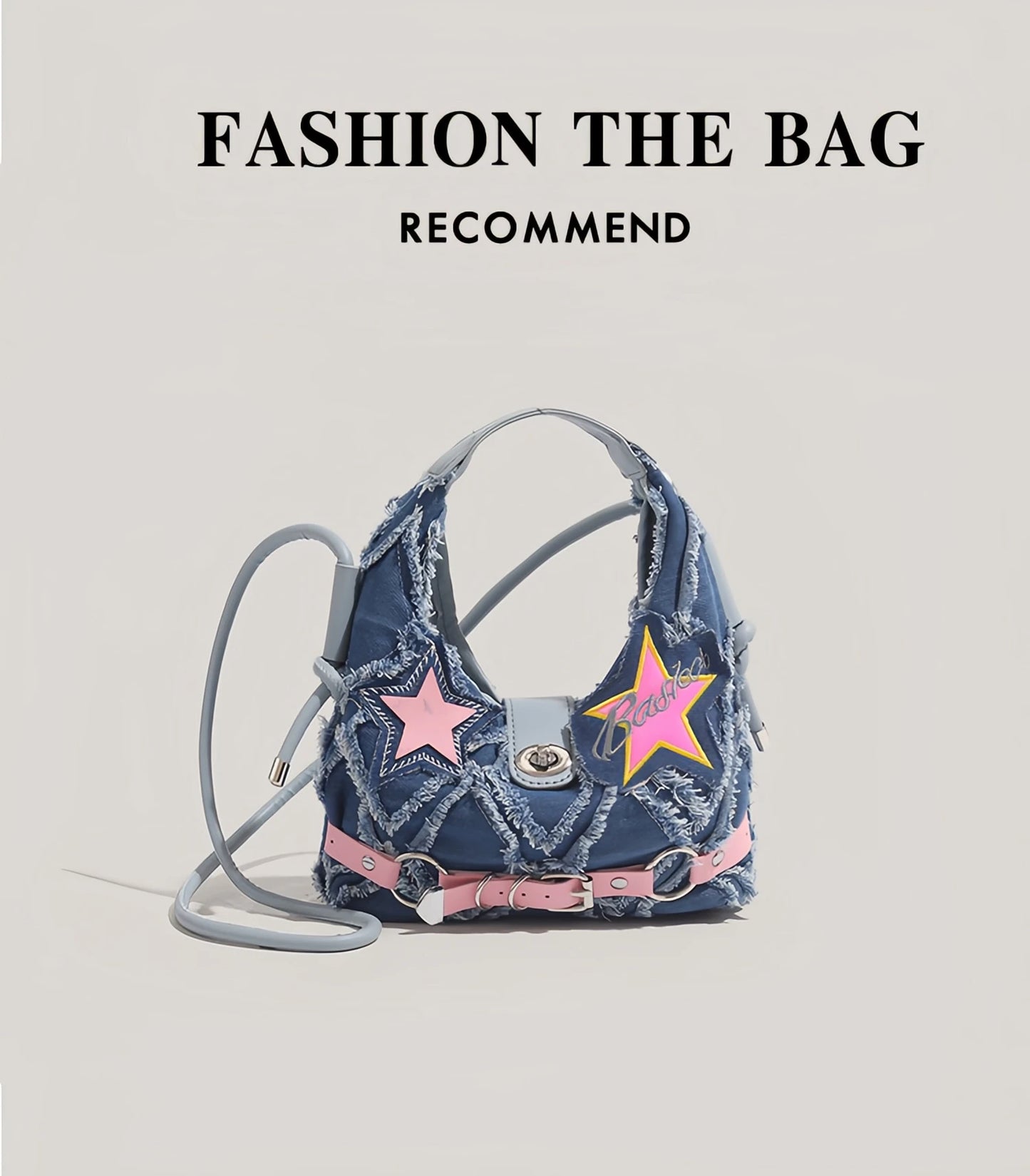 y2k Hot Girl style pink five-pointed star applied-designed fringed jeans crossbody bag A-DH