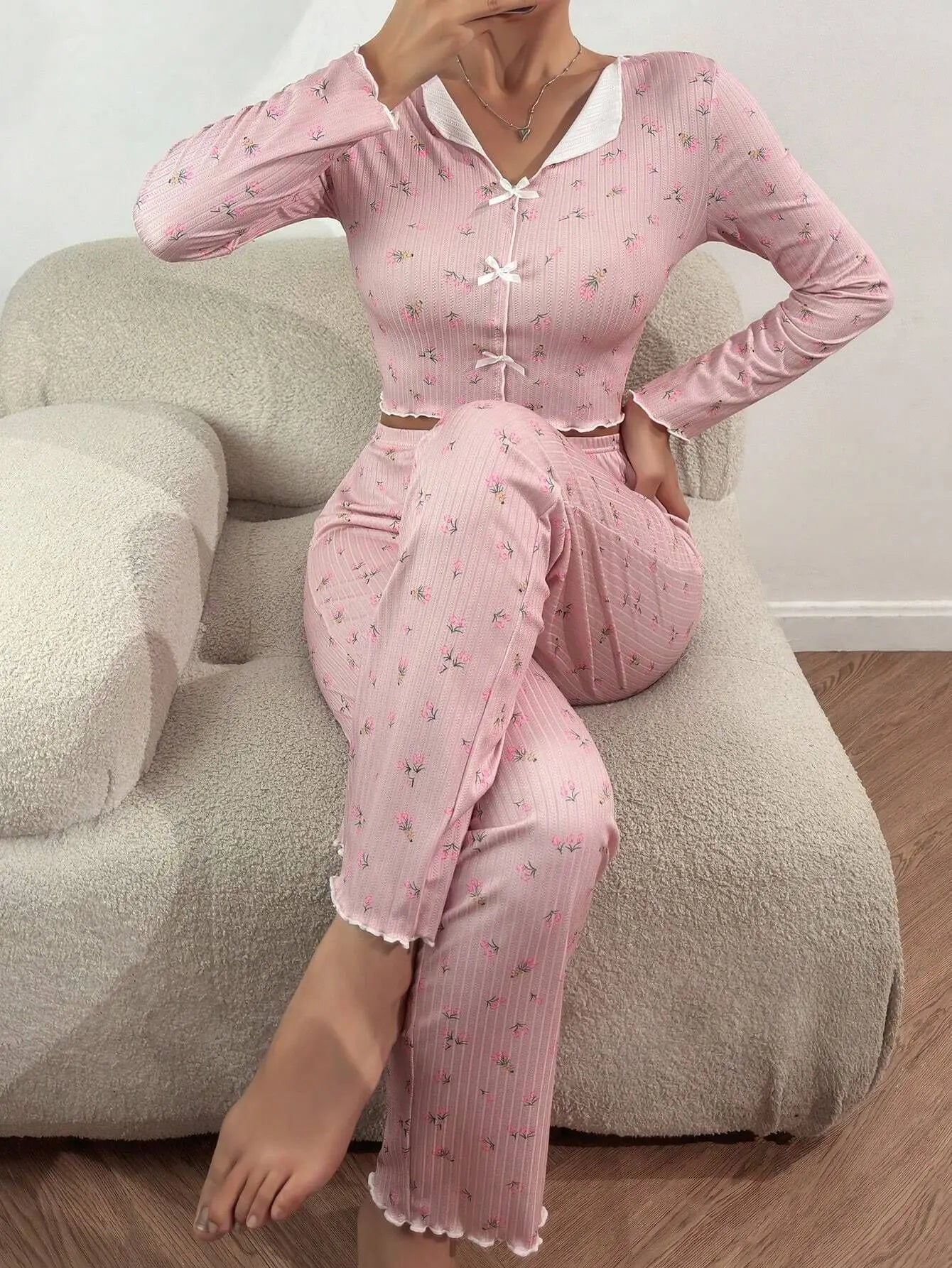Autumn Winter Floral Print Pajamas Set for Women Sleepwear Long Sleeve Top and Long Pants 2 Piece Casual Homewear Loungewear