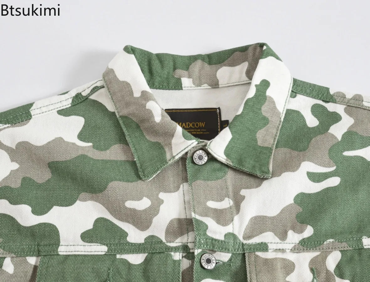2025 New Men's Camouflage Printed Denim Jackets Spring Autumn Long Sleeve Lapel Button-up Casual Jean Coats Fashion Men Clothing