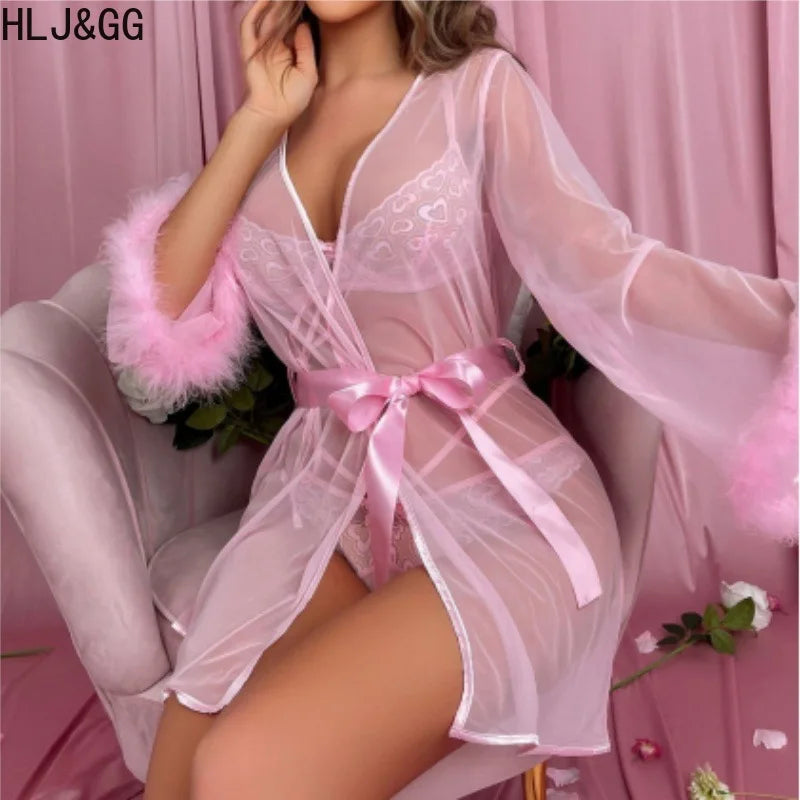 HLJ&GG Sexy Lace See Though 3 Pieces Home Nightgown Sets Women Bra + Thong + Feather Cuffs Long Sleeve Kimino Robe Outfits 2025