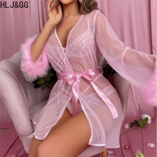 HLJ&GG Sexy Lace See Though 3 Pieces Home Nightgown Sets Women Bra + Thong + Feather Cuffs Long Sleeve Kimino Robe Outfits 2025