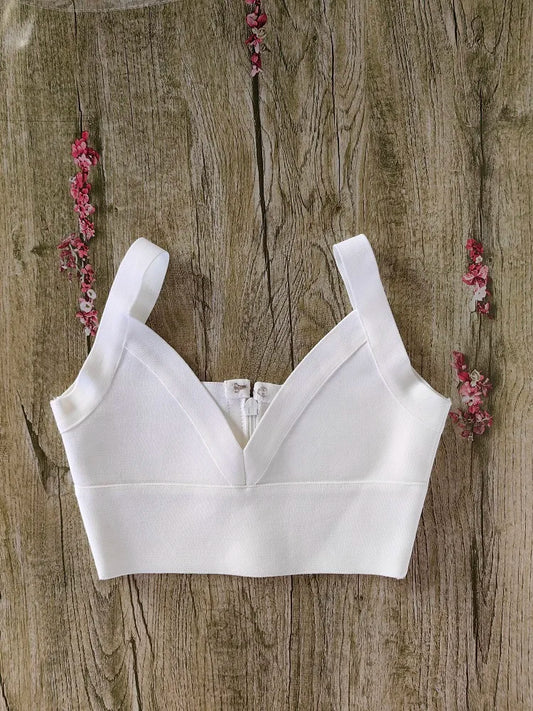 BEAUKEY Sexy White Plunge V Bandage Crop Top 2023 Summer Women Vintage Girl Tight Vest  XL Camis Bodycon Knitted Tank Mini