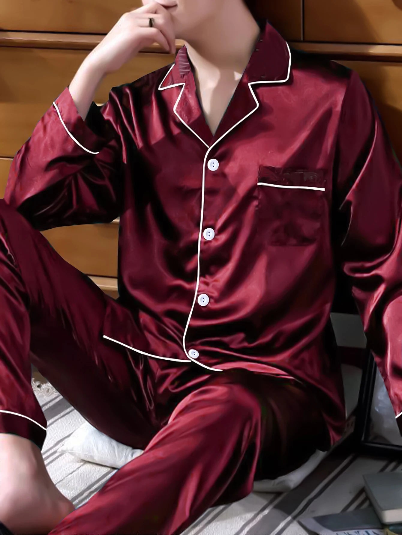 Two piece sets men's pajamas autumn and winter silk satin long sleeved pants casual simple solid color sleepwear set