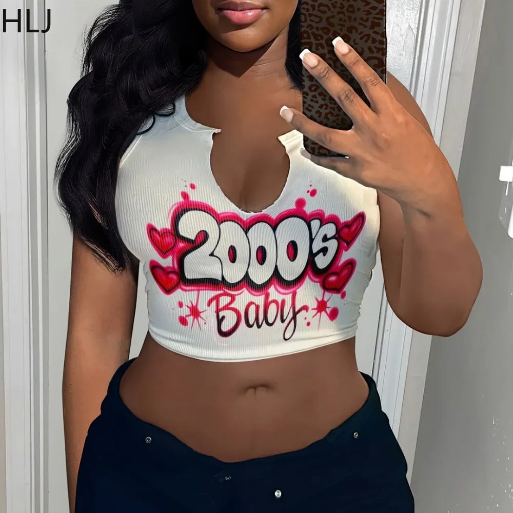 HLJ&GG 2024 INS Fashion Y2k T Shirts Letter Print Crop Tops Girls Streetwear Short Sleeve Slim-fit V-neck Tees T Shirt White New