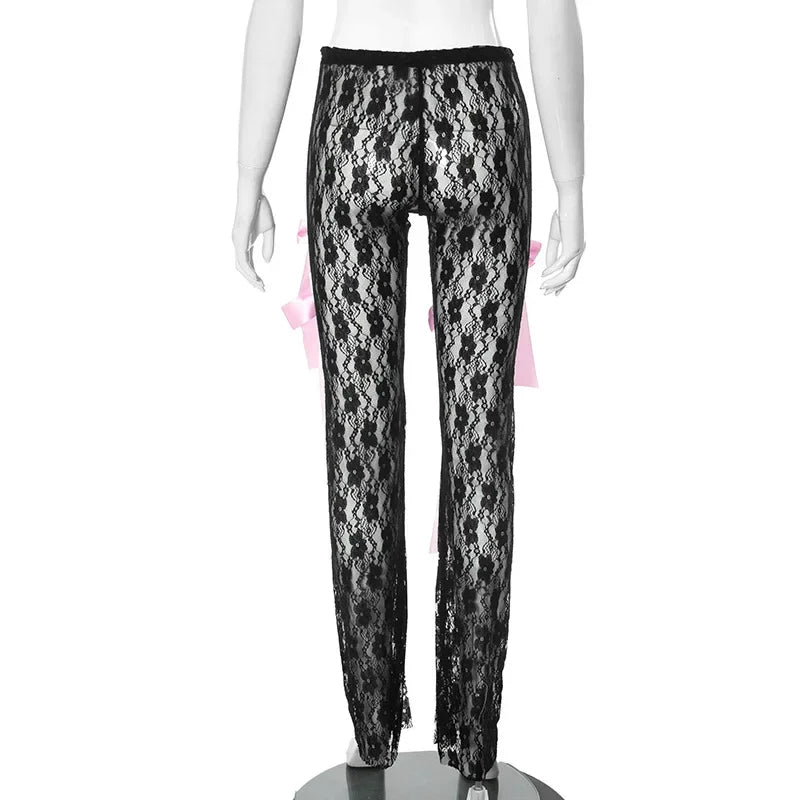 HLJ&GG Fashion Y2K Streetwear Women Letter Print O Neck Slim Crop Top And Mesh Sheer Bow Skinny Pants 2 Piece Sets Outfits 2024