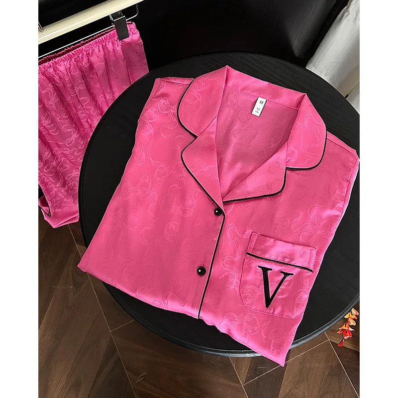 Hot Pink Bow Print Top&pant Loose Homewear Lady Casual 2Pcs Outfit Pijama Mujer Ice Silk Sleepwear Spring Autumn New Pyjamas