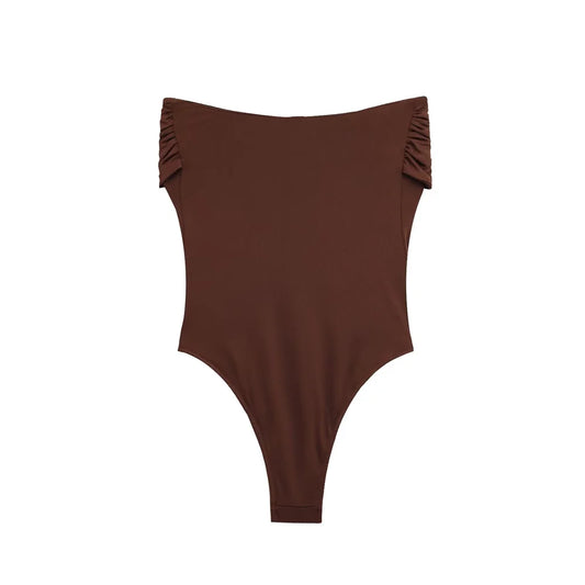 PB&ZA 2025 Women Off Shoulder One Piece Swimsuit with Decorative Buckle Stylish Black and Brown Design for Sale on AliExpress
