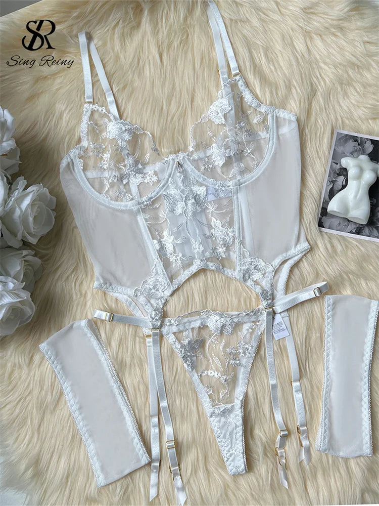 SINGREINY Gauze Sheer Slim Erotic Bra&Brief Sets Fashion Embroidery Club Sleepwear Female Prono Transparent Sexy Underwear Suits