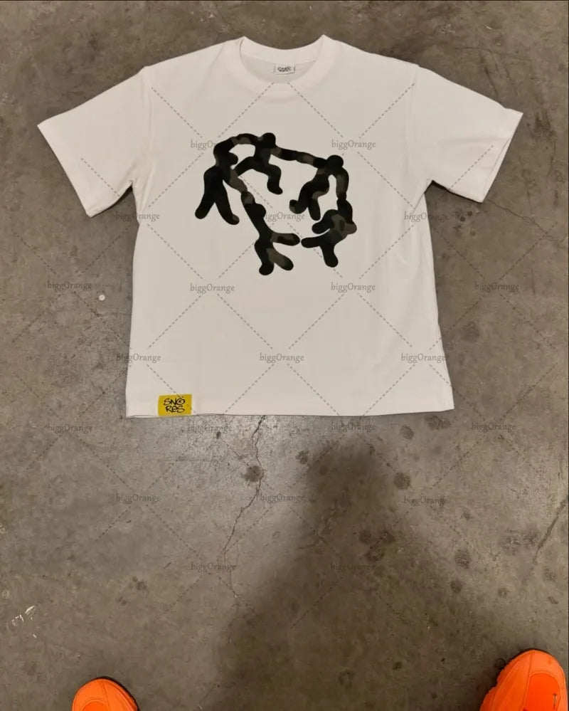 American New High Street Top 2025 Cartoon Geometric Print Oversized Short-sleeved Men Y2K Street Casual Loose Pullover T-shirt