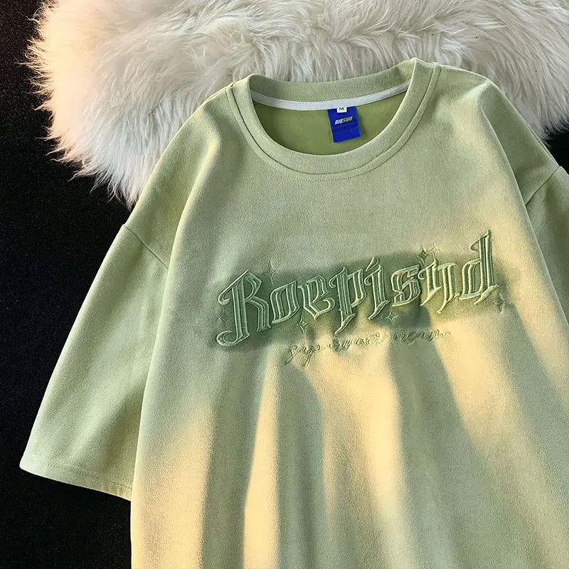 Hip hop retro high street men and women trend personality letter round neck short sleeved couple loose Harajuku suede T-shirt