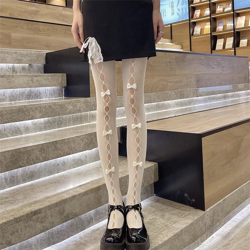 Sexy Lace Bow Patchwork Stockings Women Bodycon Elastic See Through Slim Pantyhose Party Club Sexy Y2K Hollow Out Tights Ladies