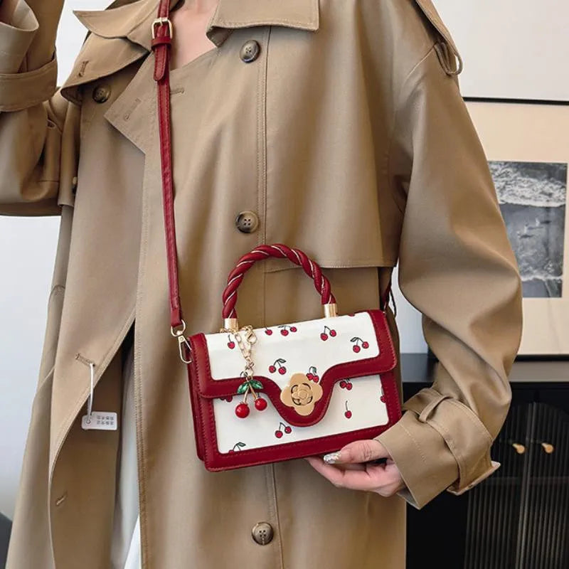 Cute Cherry Printed Handbag Shoulder Bag, Woven Handle Square Tote Bag, Fresh Design Women's Crossbody Bag, Stylish Women Bag