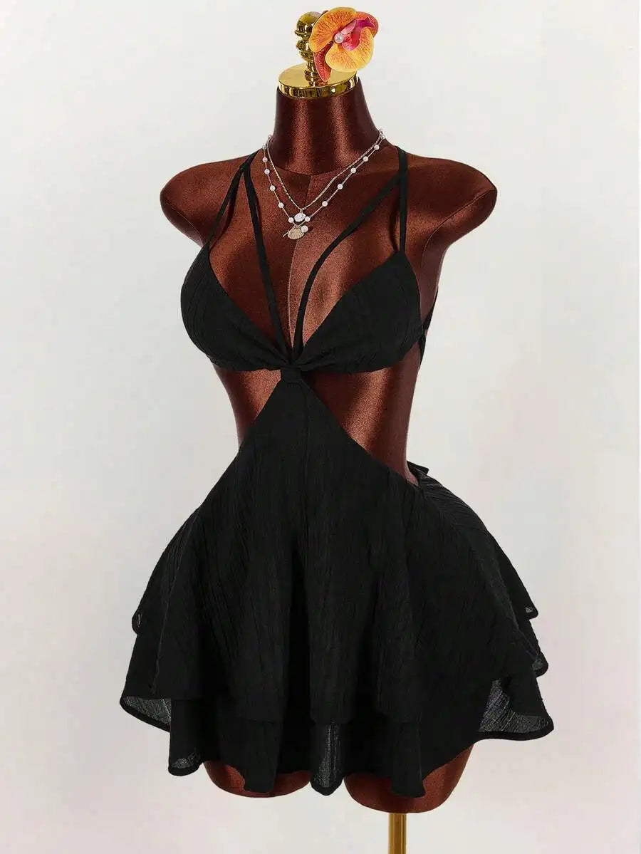 Women Solid Color Cropped Waist Mini Dress With Ruffle Skirt Casual Party Wear
