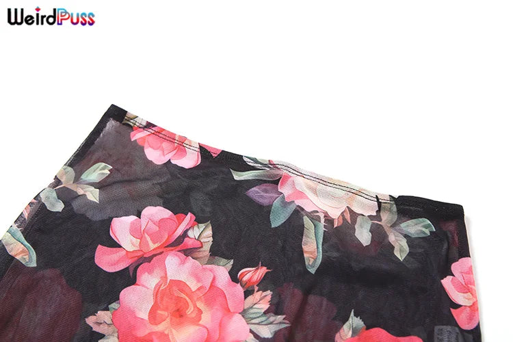 Weird Puss Summer Sheer Women 2Piece Set Side Split Slim Long Skirt+V Neck Camisole Ladies Sexy Vacation Party Matching Suits