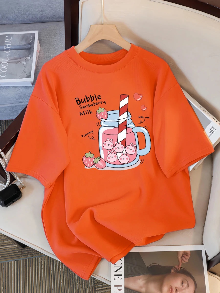 Delicious Strawberry Beverage Print Women T Shirt Summer Breathable Tee Cotton Street Clothing Casual Sport Cool Short Sleeve