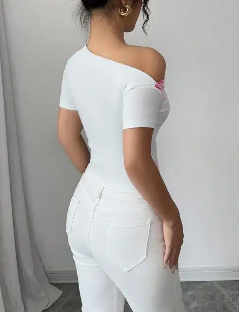 Women's 2025 Summer New Style Slim-Fitting T-Shirt with Irregular Sloping Shoulder and Short Sleeve Top Shipped Within 48 Hours
