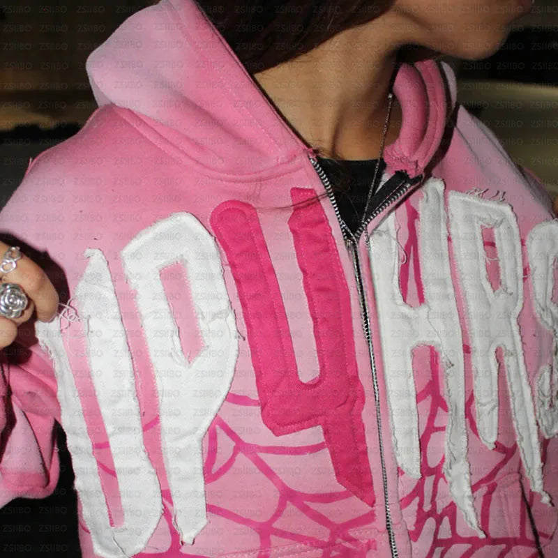 Retro Patch Spider Web Print Zipper Hoodie Y2K Sweatshirt Mens Hip Hop Letter Oversized Hoodie Jacket Clothes Streetwear Jacket