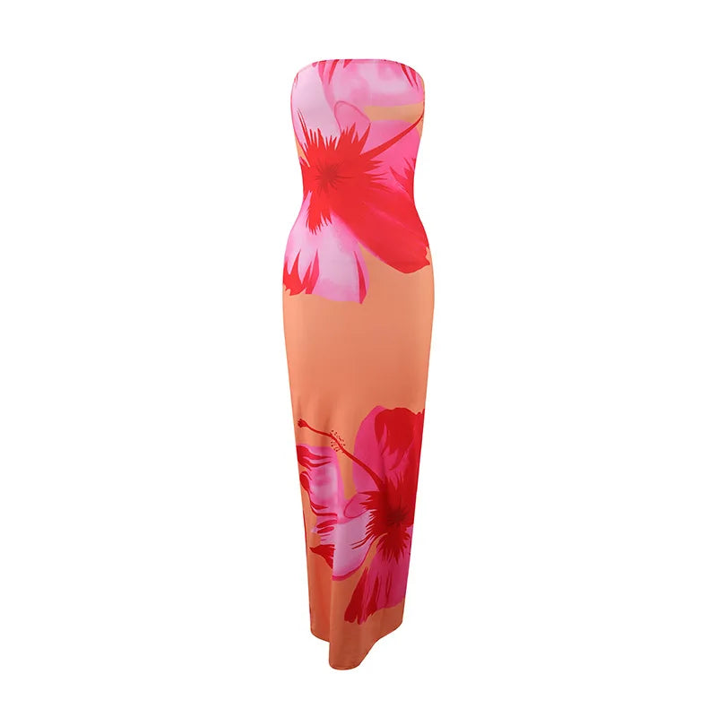 Women's Fashion Sexy Flower Print Strapless Long Dress Summer Vacation Elastic High Waist Slim Fit Party Evening Dress 2025