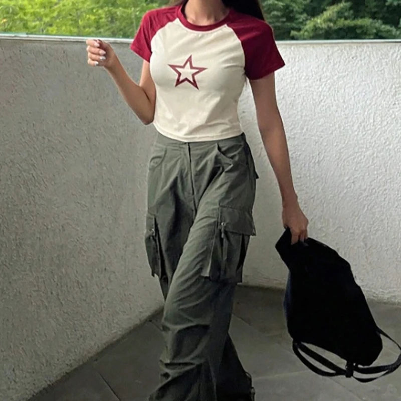 2000s Y2k Style Crop Tops Five pointed star print Harajuku Summer Short Sleeve Splicing T-Shirt Funny Kawaii Streetwear Cropped