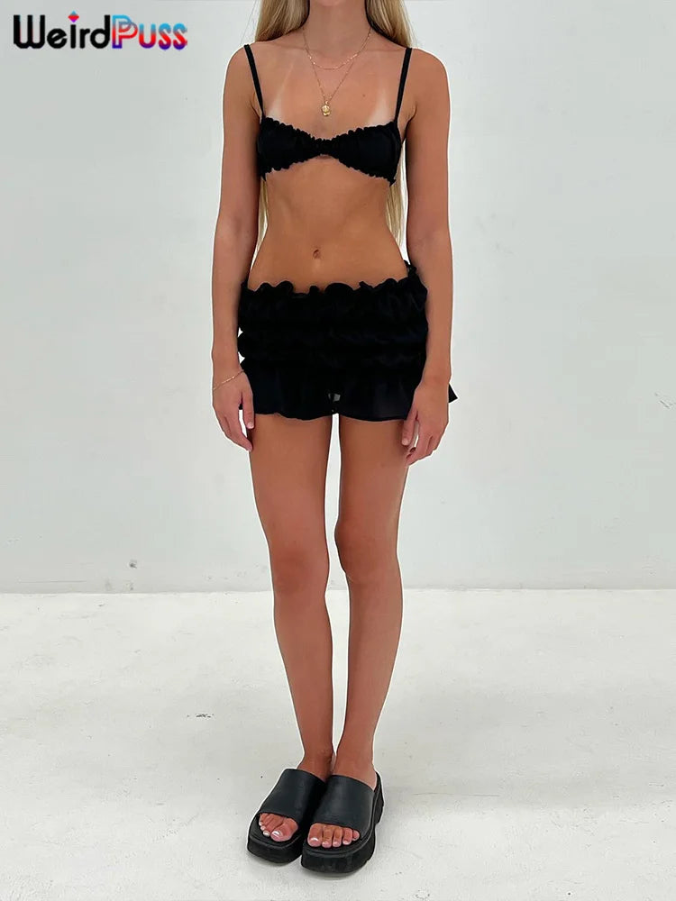 Weird Puss Ruffles 2 Piece Set Women Summer Vacation Beach Style Thin Camisole+Ruched Sexy Peach Hip Skirts Matching Clubwear