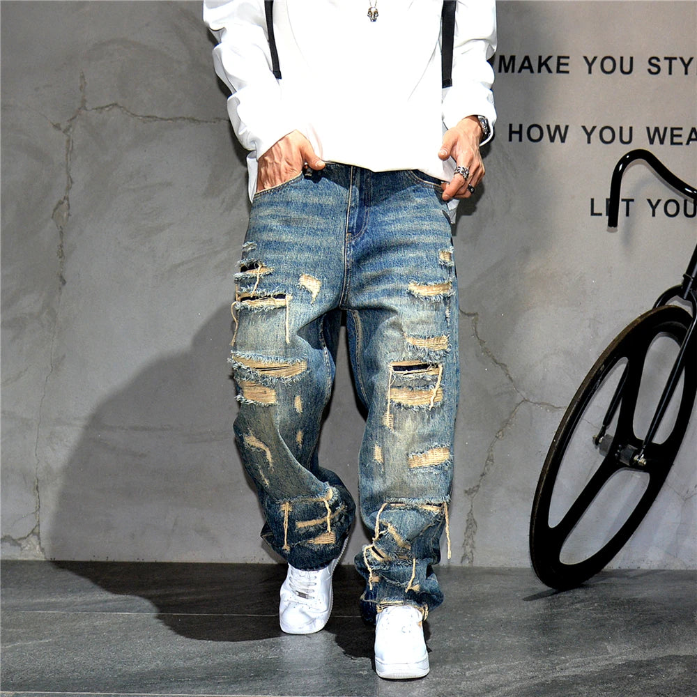 Ripped Baggy Jeans Distressed Denim Streetwear Skateboard Pants Straight Leg Patchwork Oversized Urban Fashion Workwear, men's jeans