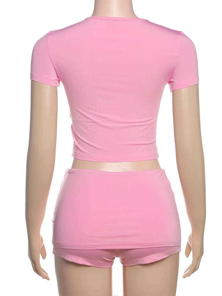 Weird Puss Casual Sporty 2 Piece Set Women Tracksuit Letter Print Short Sleeve Crop Tops+Ruched Shorts Daily Fashion Streetwear