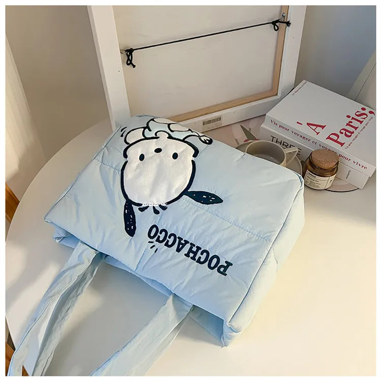 Sanrio Kawaii Hello Kitty Kuromi Tote Bags Cute My Melody Pochacco Cartoon Down Cotton Large Capacity Shoulder Bag Gifts Girls