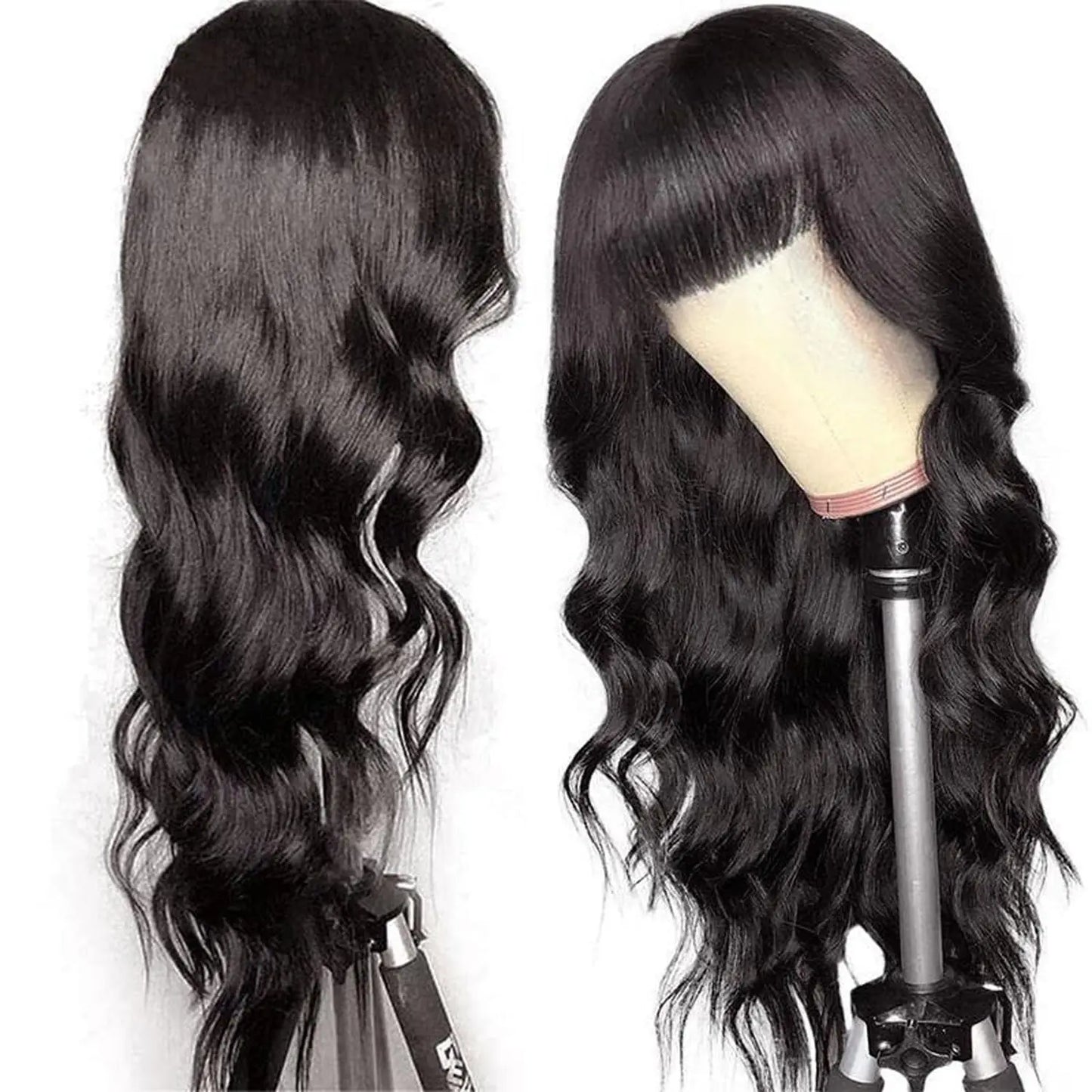 30 inch Body Wave Human Hair Wigs with Bangs Full Machine Made Scalp Top Wig 180% Density Brazilian Remy Hair Fringe Bangs Wig