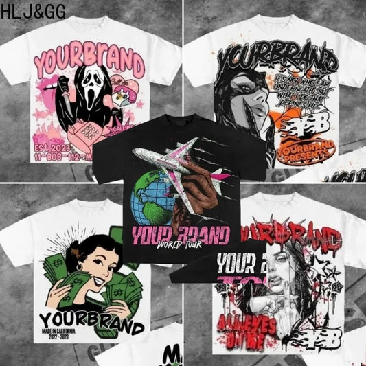 HLJ&GG Y2K Retro Pattern Printing Loose Tshirts Women Round Neck Short Sleeve Oversize Tops Fashion Female Cotton Top Streetwear