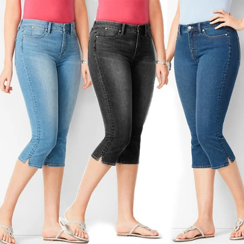 Ladies Jeans Pants Ladies Cropped Trousers Skinny  Knee Length Jeans female Elastic High Waist Mom Jeans Oversize