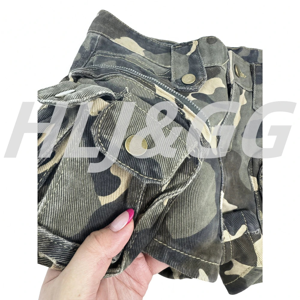 HLJ&GG Y2K Fashion Graphic Tshirts Two Piece Sets Women O Neck Short Sleeve Loose Top And Camouflage Pocket jeans Shorts Outfits