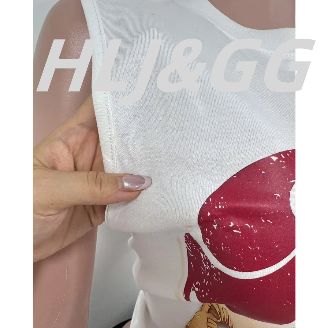 HLJ&GG Fashion American Vintage Style Pattern Print Two Piece Sets Women O Neck Sleeveless Top And Tiger Bandage Shorts Outfits