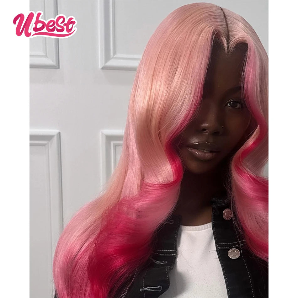 Ubest Ombre Pink Colored Body Wave 13x6 Lace Front Wigs Brazilian 100％ Human Hair Transparent Glueless Wig Pre Plucked For Women